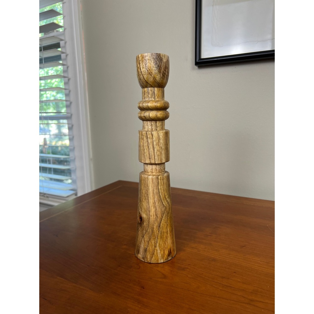 Boho Carved Mango Wood Taper Candle Holder Totem Style Natural Grain 11.5 Inch